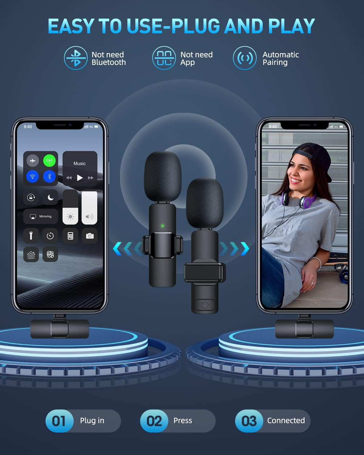 Wireless Lavalier Microphone for iPhone Type-C and Android.